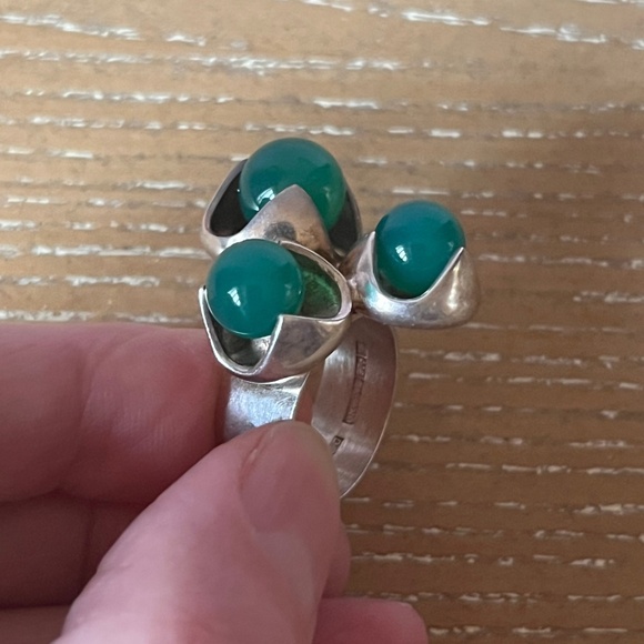 KULTASEPPÄ SALOVAARA Finland Modernist Sterling Silver Ring Chrysoprase Sz 7 MCM - Picture 5 of 13